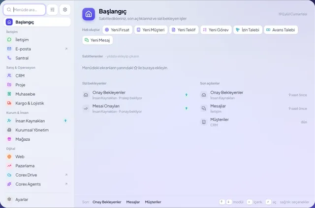 Corex360 başlangıç menüsü: iletişim, CRM, muhasebe, kargo ve insan kaynakları aynı menüde