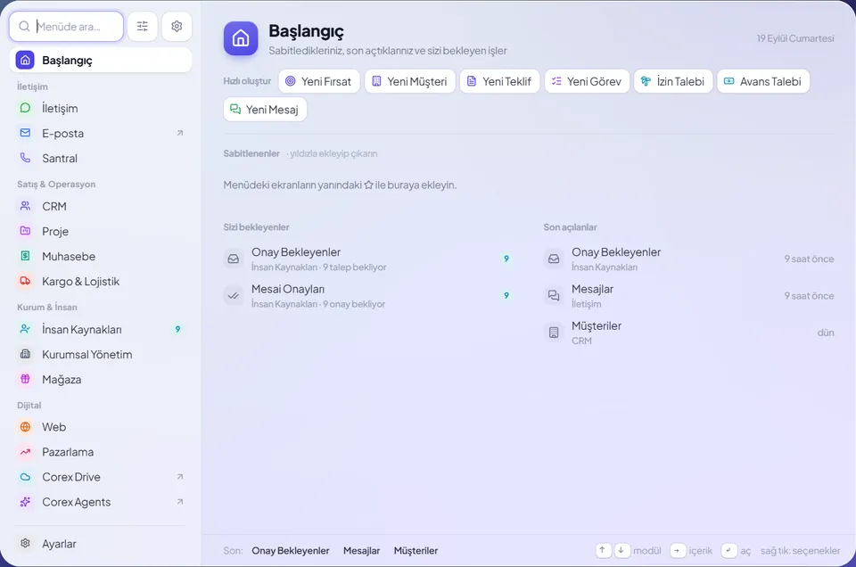 Corex360 başlangıç menüsü: İzin Talebi ve Avans Talebi kısayolları, İnsan Kaynakları onay bekleyenler listesi