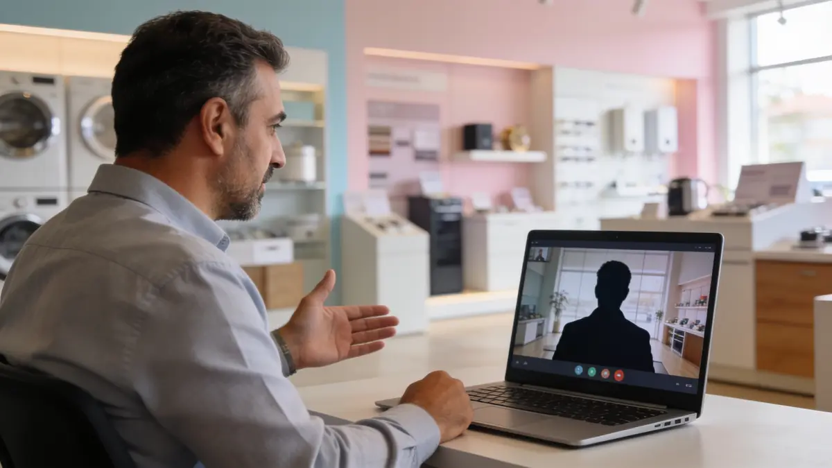 Bir showroomda dizüstü bilgisayar başındaki bayi yöneticisi merkezdeki biriyle görüntülü görüşüyor
