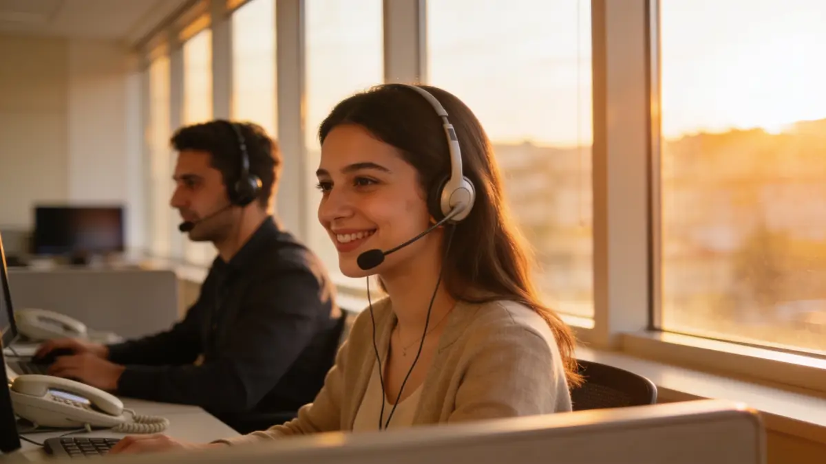 Gün batımında ofiste kulaklıklı mikrofonla görüşen iki çalışan; masada masa telefonları