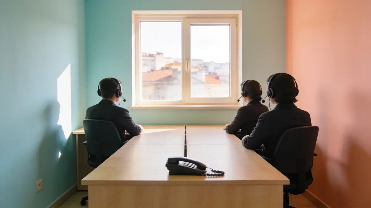 Uzun ortak masada kulaklıkla çalışan üç kişi arkadan görünüyor; masanın ucunda bir masa telefonu