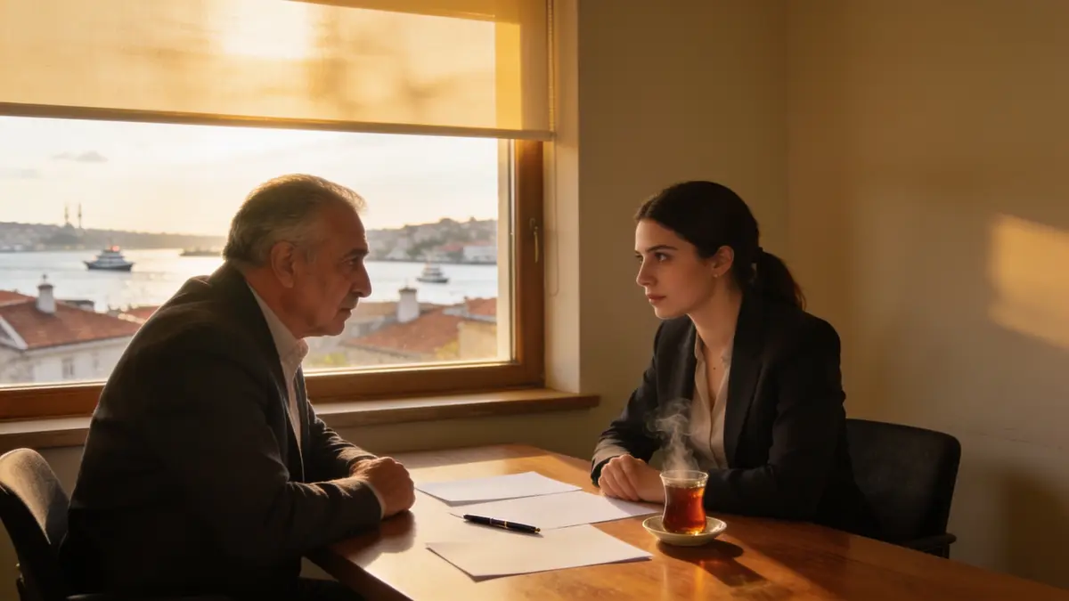 Deniz manzaralı pencerenin önünde, masada kâğıtlar ve çay bardağıyla karşılıklı konuşan iki kişi