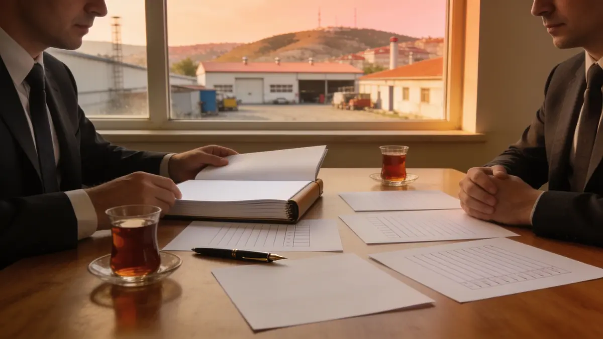 Fabrika sahasına bakan pencere önünde, çay ve boş formlarla dolu masada açık klasörü inceleyen iki takım elbiseli adam