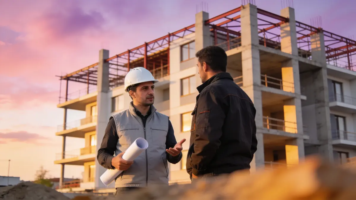 Gün batımında kaba inşaatı süren bir binanın önünde baretli şantiye şefi ile işveren konuşuyor