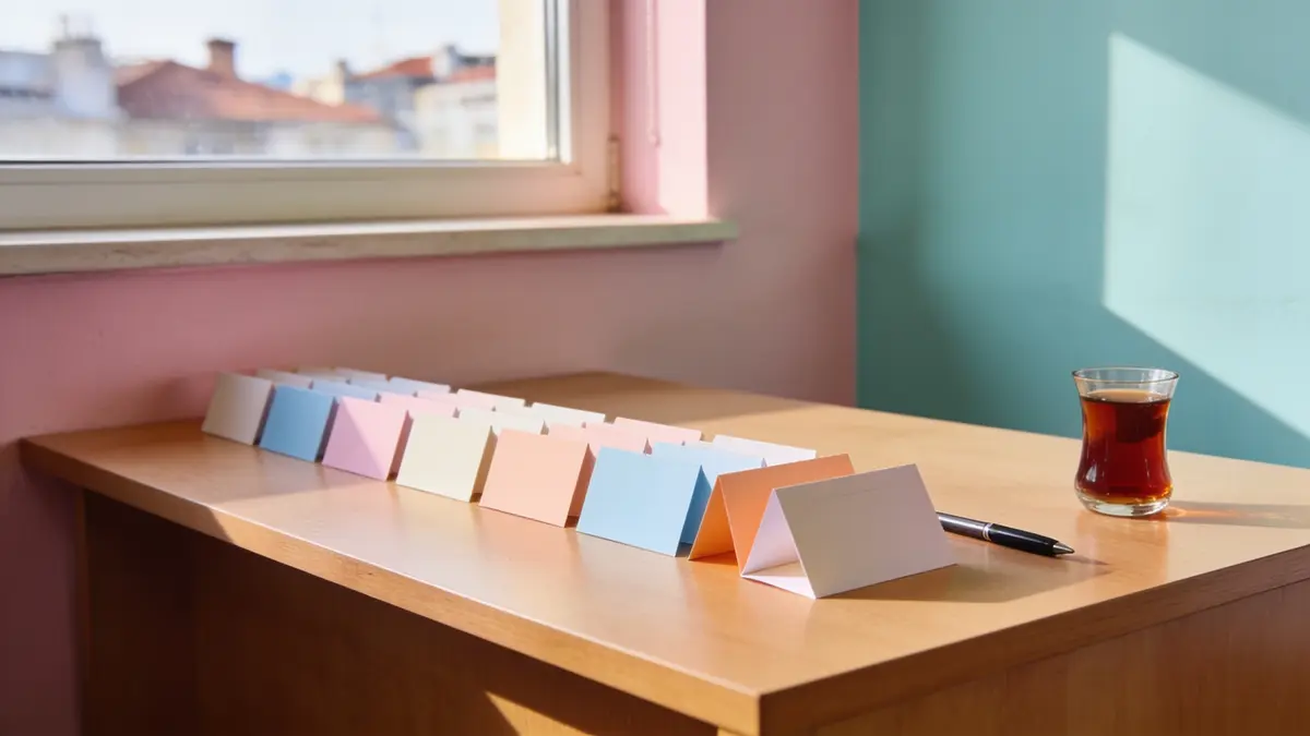Pencere önündeki ahşap masada sıraya dizilmiş boş pastel kartlar; birkaç kart öne alınmış, yanında kalem ve çay bardağı