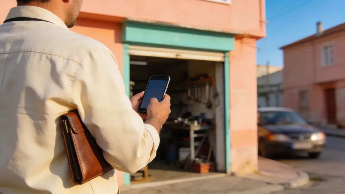 Bir atölye kapısının önünde telefonuna bakan, koltuğunun altında deri dosya taşıyan satış temsilcisi