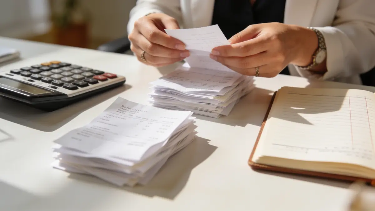 Masada hesap makinesi, fiş yığınları ve açık bir defter arasında fişleri inceleyen eller