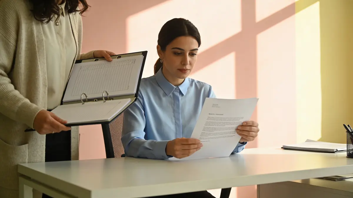 Masada bir mektubu okuyan kadın ve yanında ona açık bir klasör uzatan bir iş arkadaşı