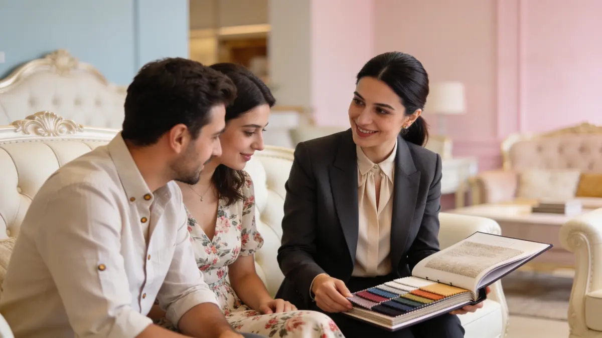 Aydınlık bir mobilya showroomunda satış danışmanı bir çifte renk kartelasını gösteriyor