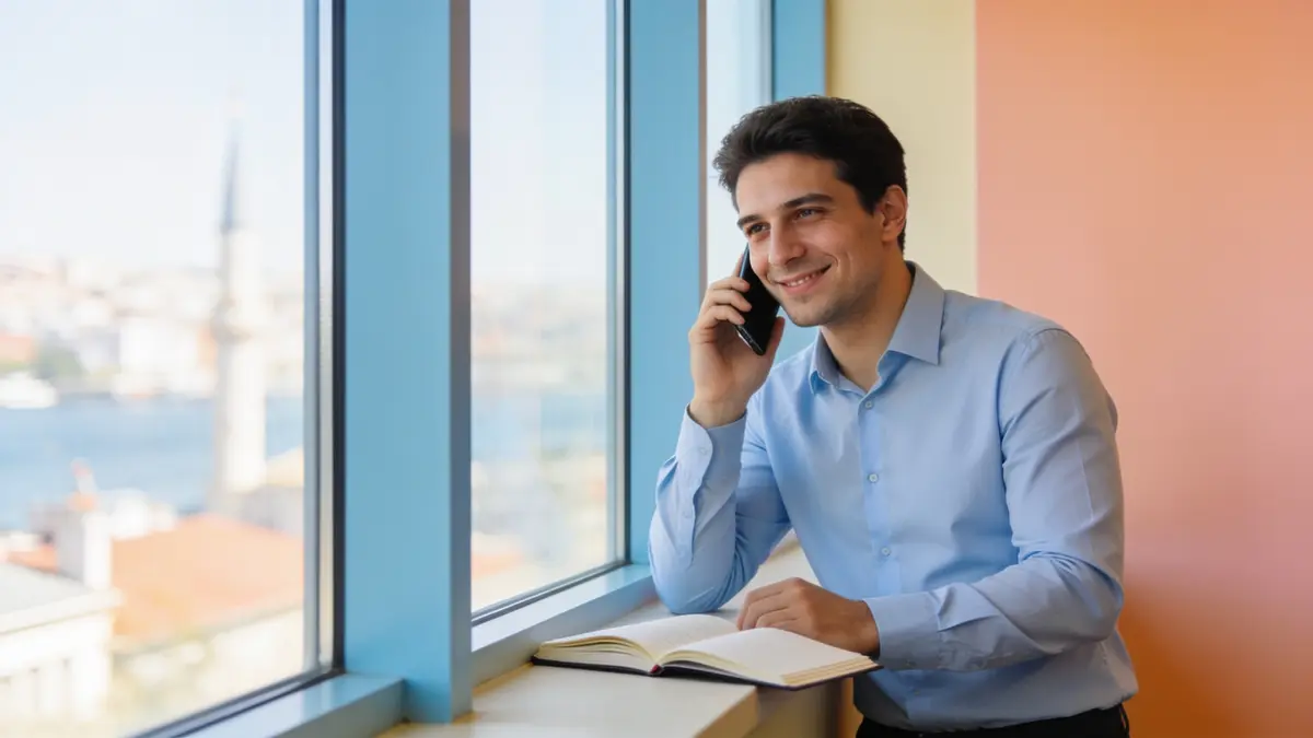 Pencere kenarında telefonla konuşan gülümseyen bir adam, önünde açık bir defter