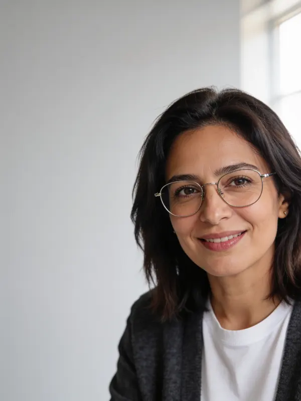 Gözlüklü, koyu hırkalı, gülümseyen kadın; aydınlık beyaz oda