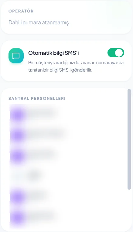 Corex360 Çağrı Merkezi sol sütunu: operatör kartı, otomatik bilgi SMS'i anahtarı ve bulanık personel listesi.